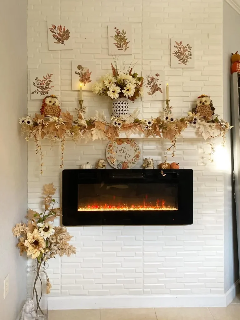 White Brick Fall Fireplace With Neutral Leaf Garland