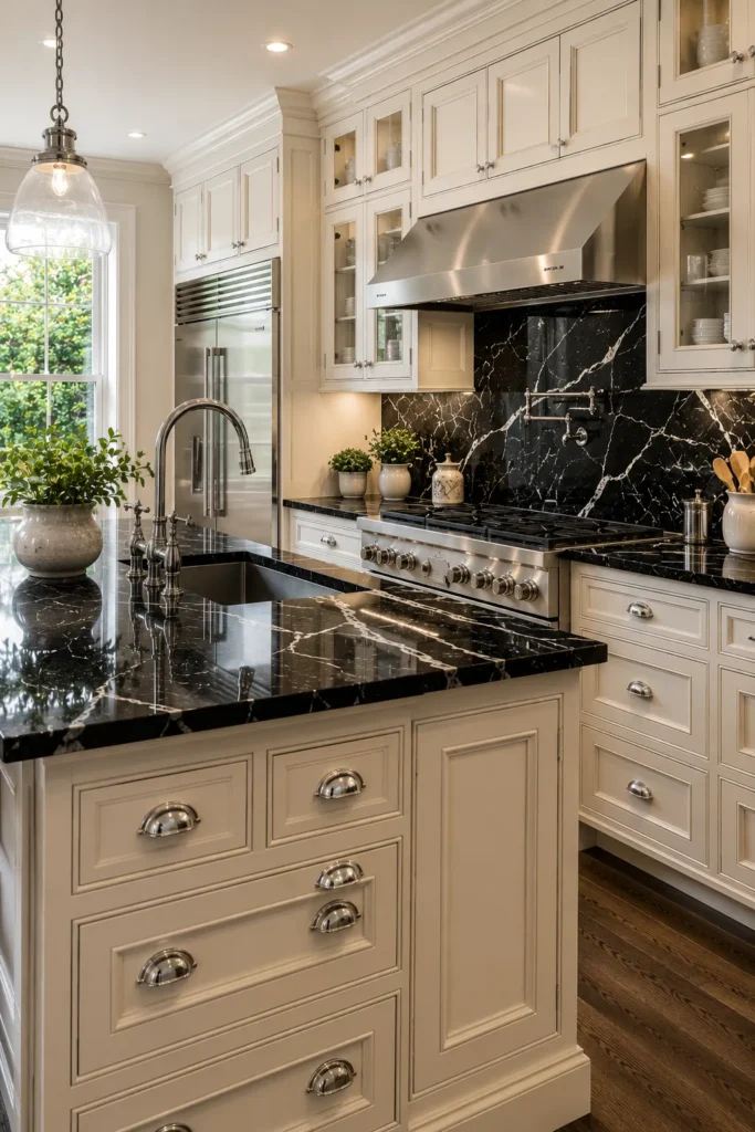 White Kitchen Featuring Black Marble Backsplash