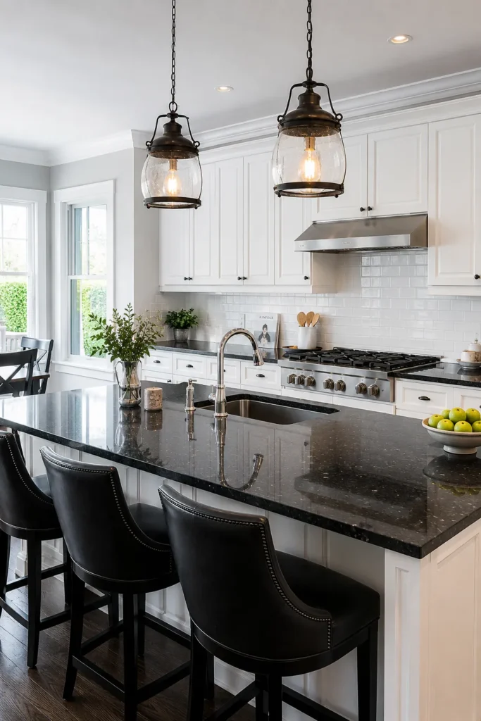 White Kitchen With Glossy Black Granite Island