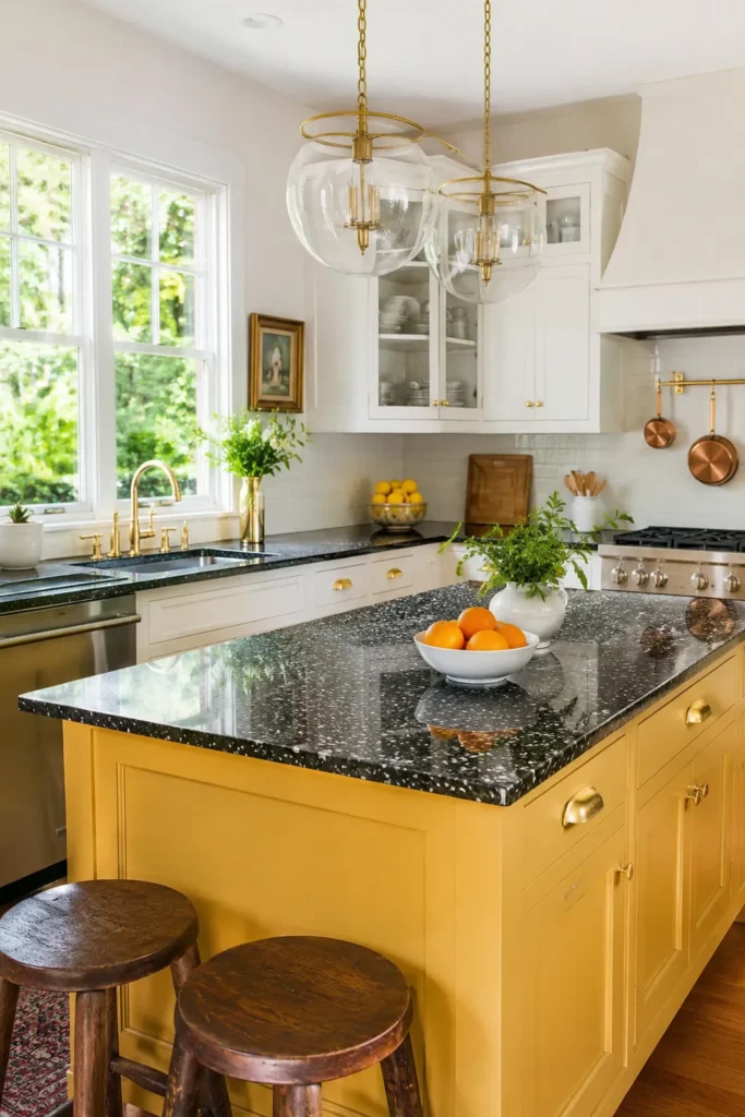 White and Gold Kitchen With Speckled Black Granite Counters
