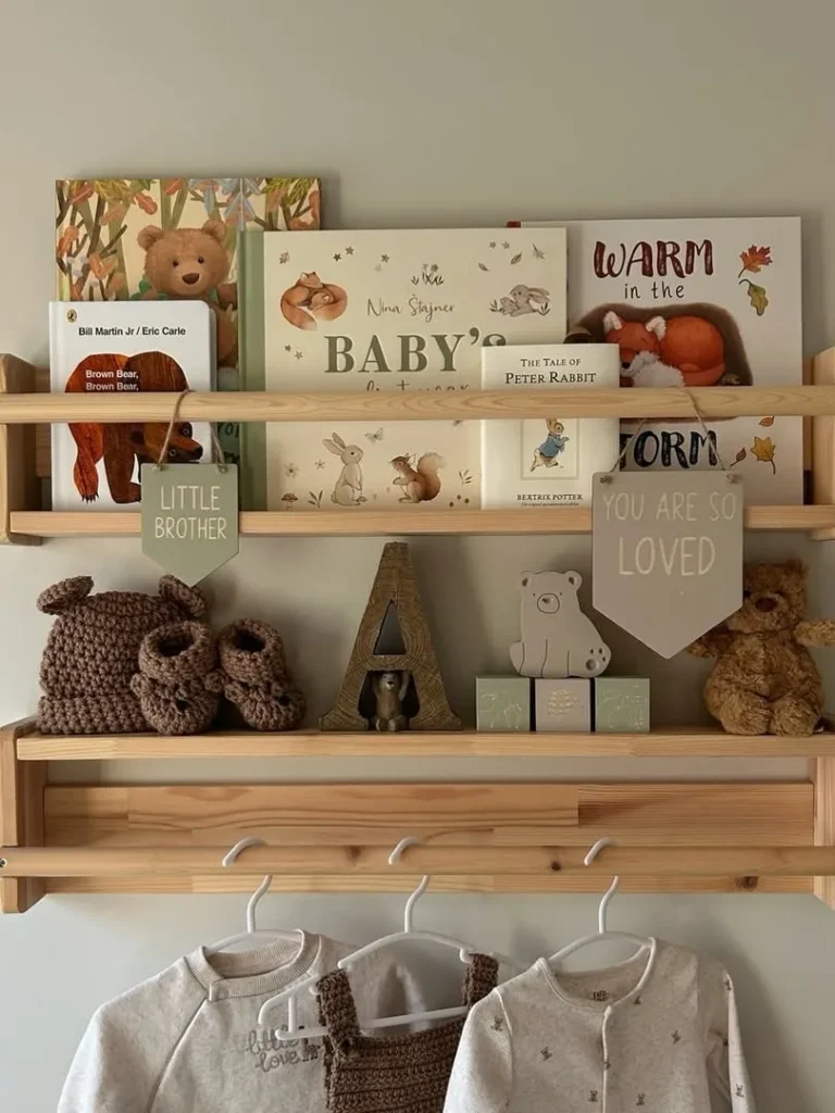 Wooden Nursery Bookshelf with Baby Keepsakes