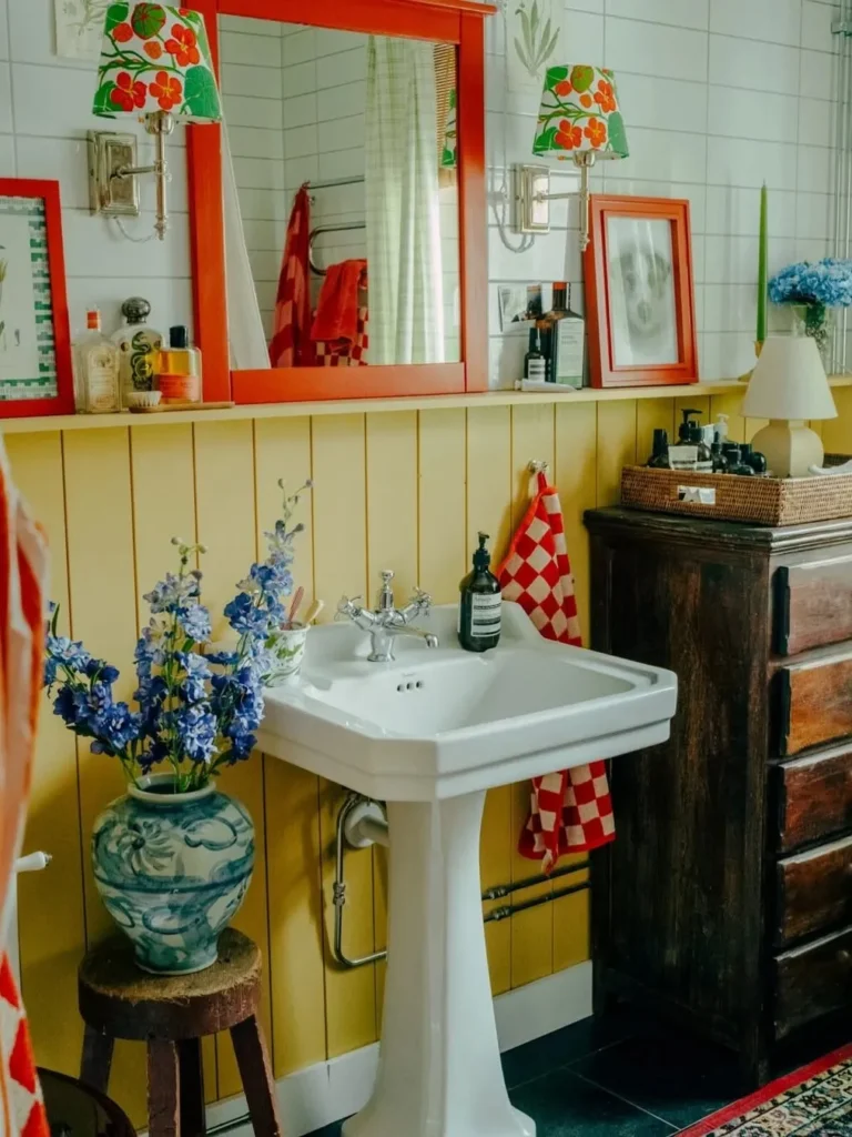 Yellow Beadboard Wainscoting With Vintage Bathroom