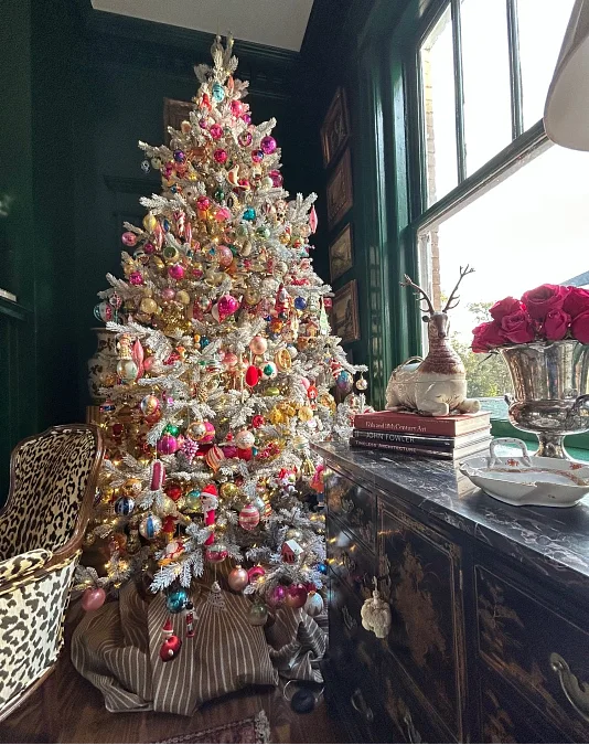 Jewel-Tone Ornaments on a Flocked Tree