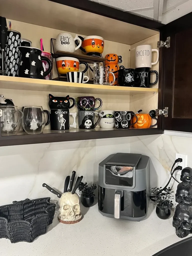 Halloween Mug Collection in a Kitchen Cabinet