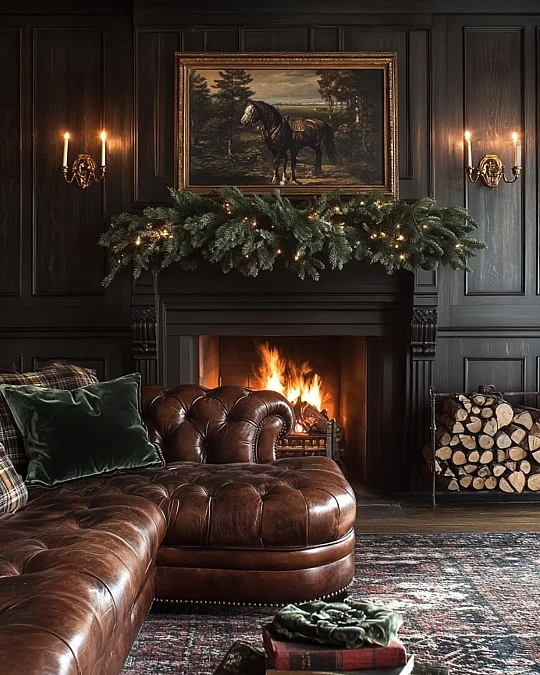 Dark Paneled Fireplace Christmas