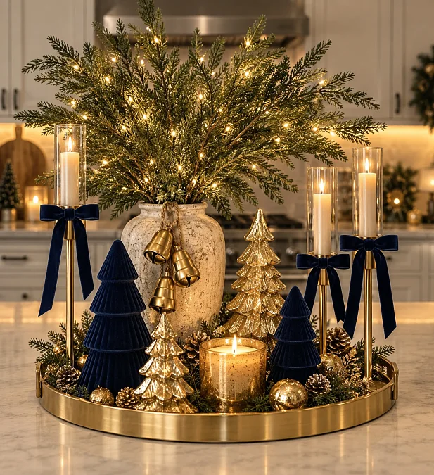 Brass and Evergreen Kitchen Centerpiece