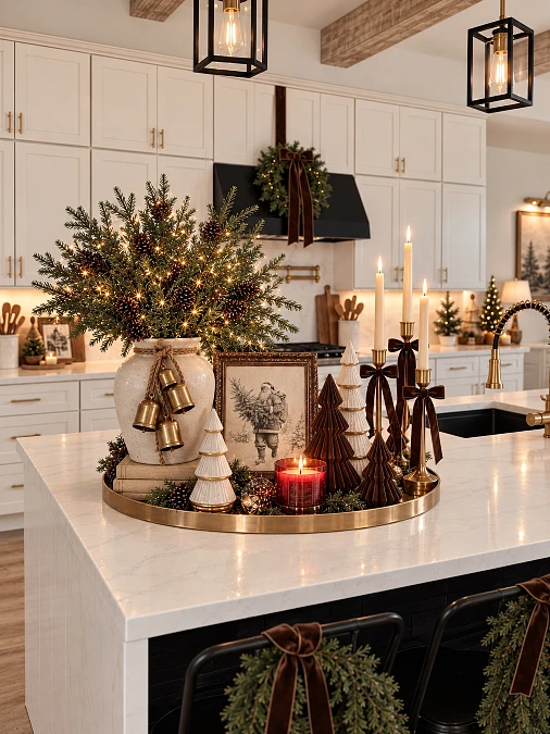 Brass and Pine Kitchen Island Display