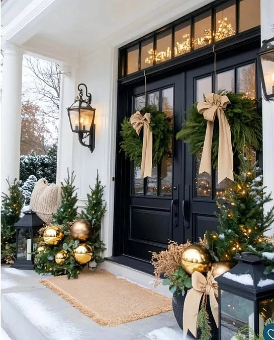 Black Door and Evergreen Porch