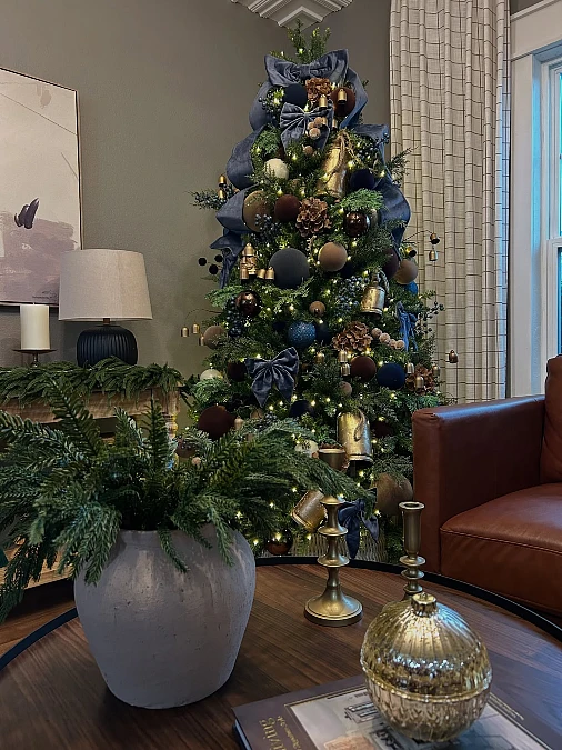 Navy Ornaments + Brass Bells + Pinecones