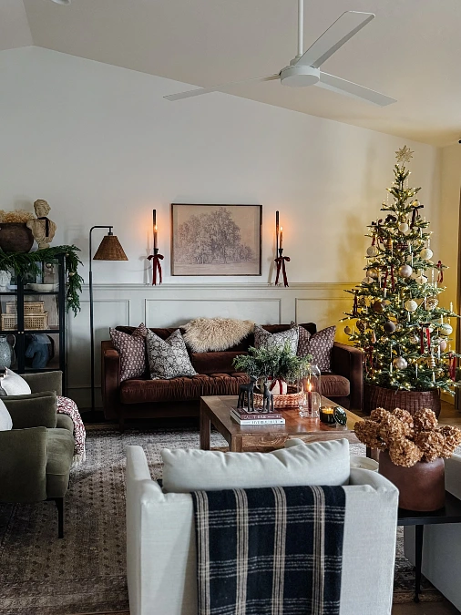 Warm Wood and Burgundy Christmas Living Room