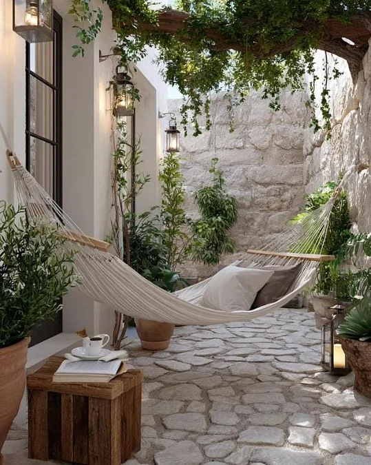 Hammock + Rustic Side Table + Greenery