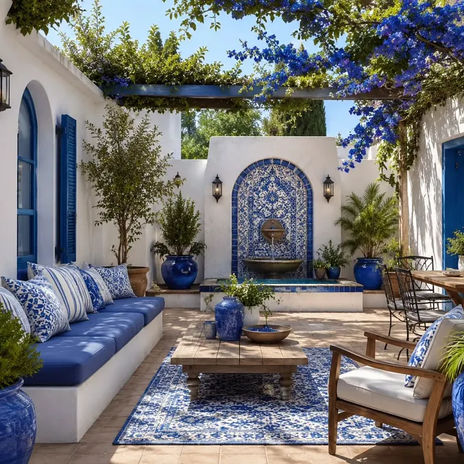 Blue-and-White Mediterranean Courtyard