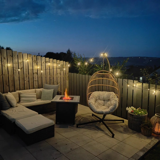Fire Table + Egg Chair + String Lights