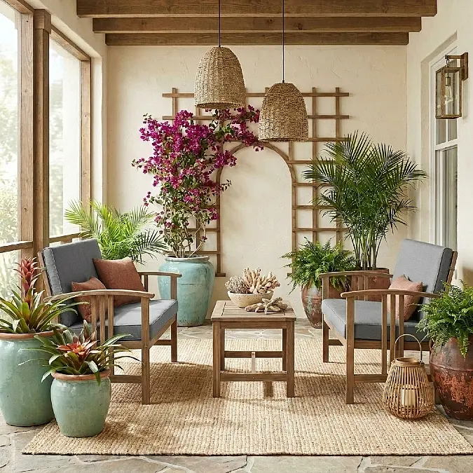 Layered Tropical Patio Seating