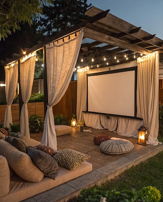 Outdoor Movie Patio With Soft Curtains
