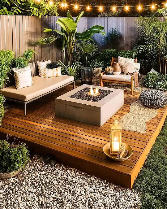 Fire Table + Tropical Plants + Wood Deck