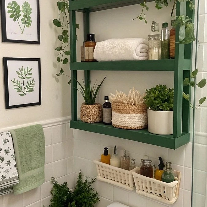 Deep Green Shelves with Botanical Details