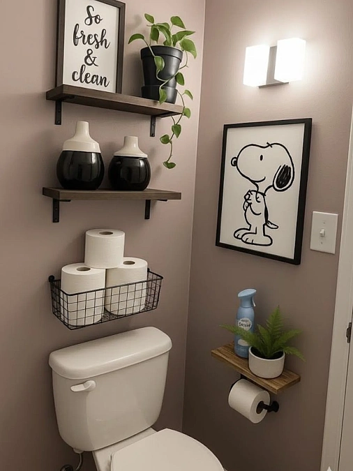 Graphic Art with Warm Wood Shelves
