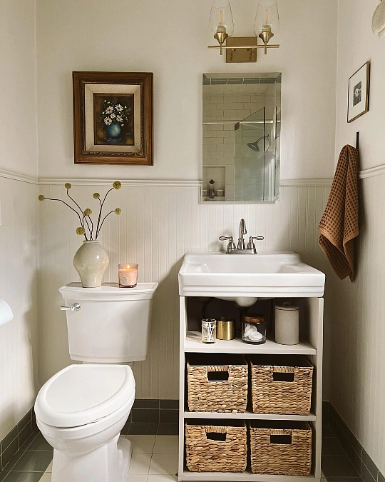 Soft Neutral Bathroom with Woven Storage