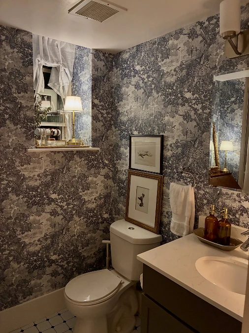 Blue Toile Wallpaper with Brass Details