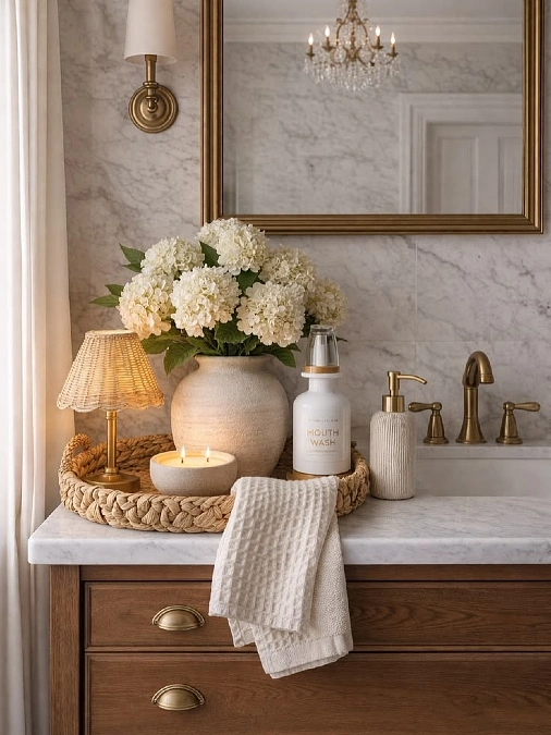 Warm Brass and Woven Vanity Styling