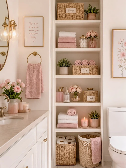 Blush Towels and Woven Shelf Storage