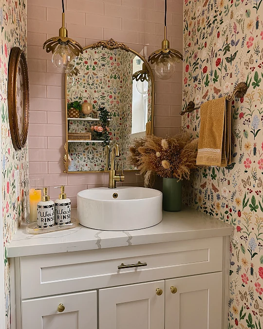 Floral Wallpaper with Antique Brass