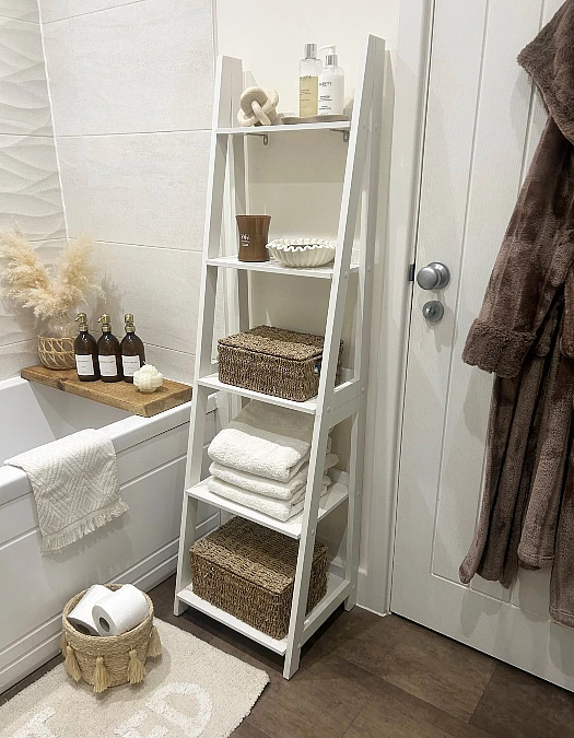 White Ladder Shelf with Woven Baskets