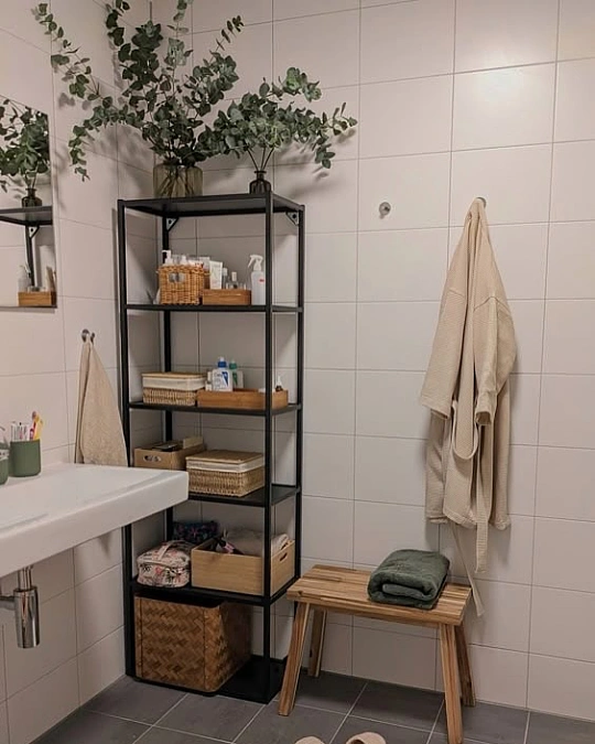 Black Metal Shelf with Woven Storage