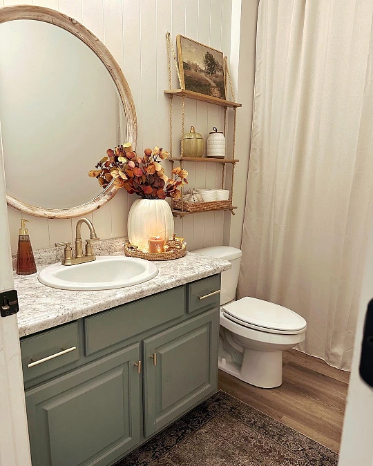 Sage Vanity with Rope Shelf Styling