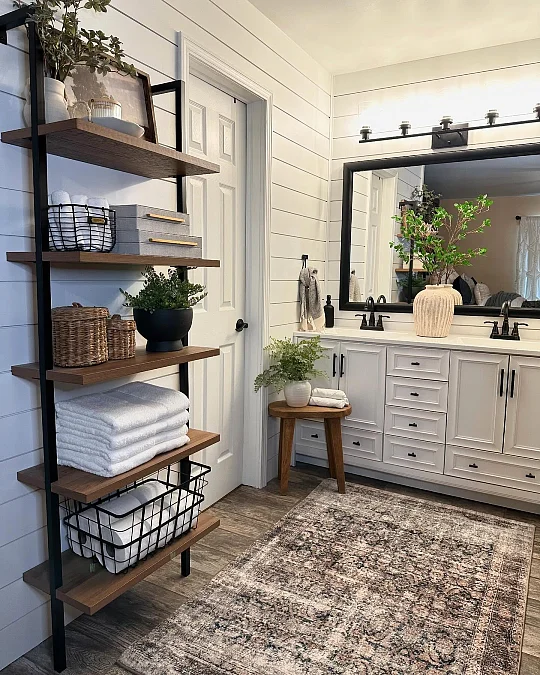 Wood Shelves + Black Frame + Woven Baskets