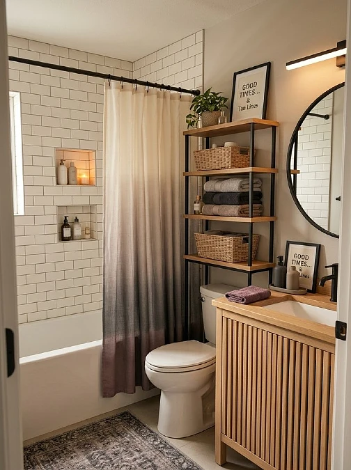 Warm Wood Storage with Ombre Shower Curtain