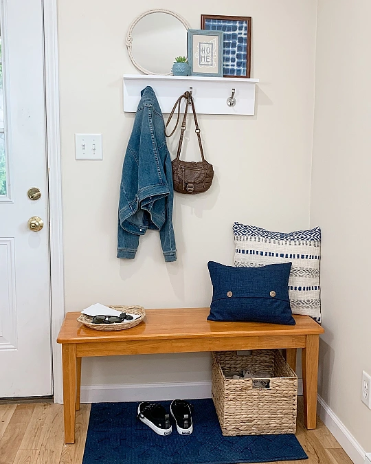 Blue and Wood Entryway Bench
