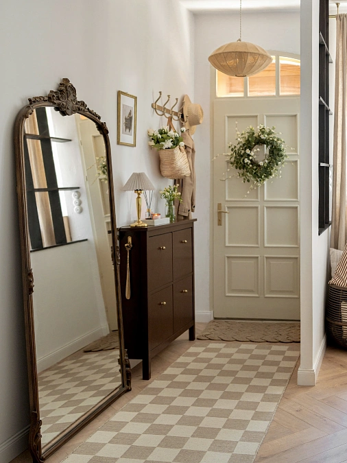 Vintage Mirror and Checkerboard Runner