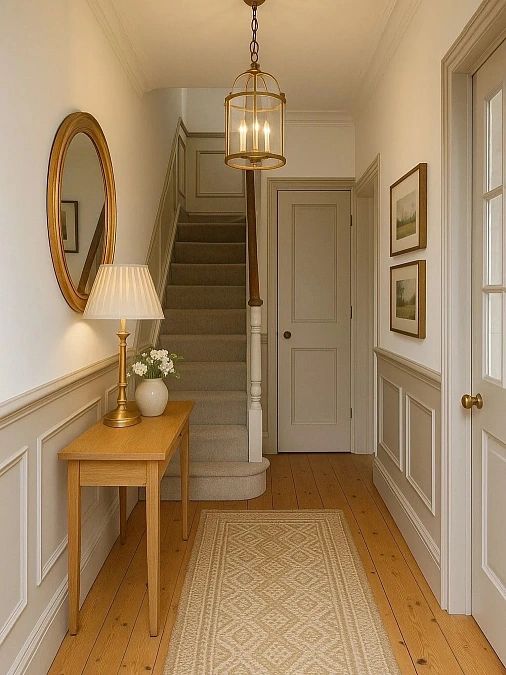 Classic Hallway with Warm Brass Lighting