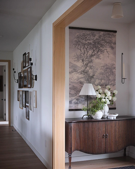 Moody Wood Console with Oversized Art