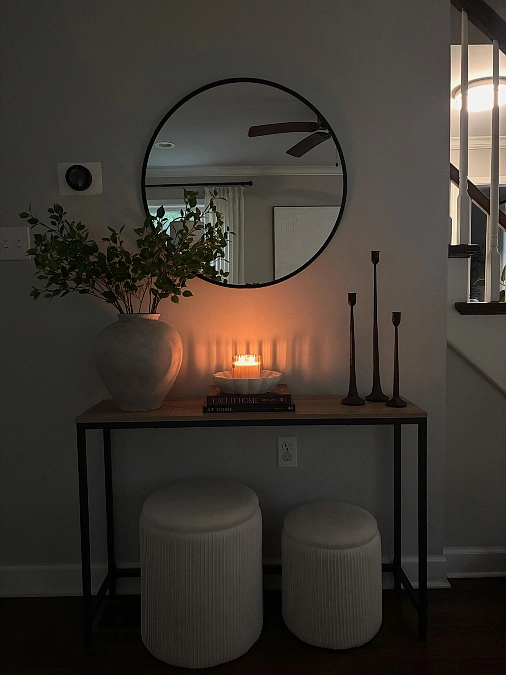Round Mirror + Slim Console + Ottomans