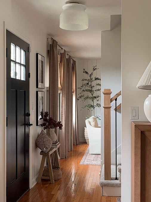 Narrow Hallway Entry with Rustic Bench