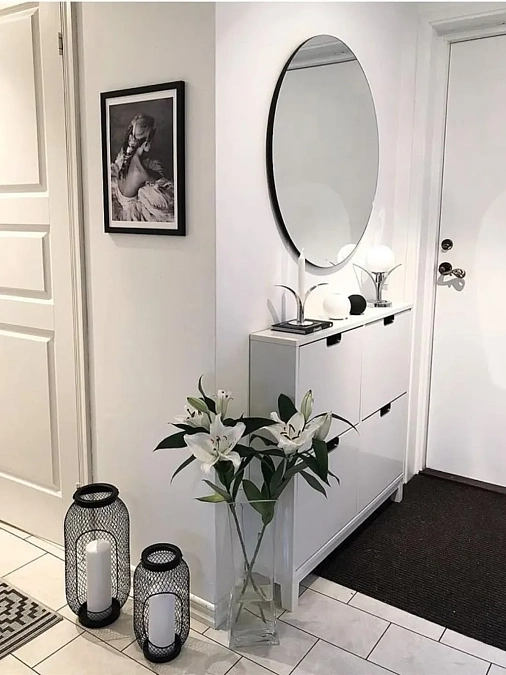 White Shoe Cabinet + Oval Mirror + Lanterns