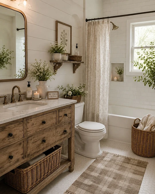 Rustic Wood Vanity with Soft Neutrals
